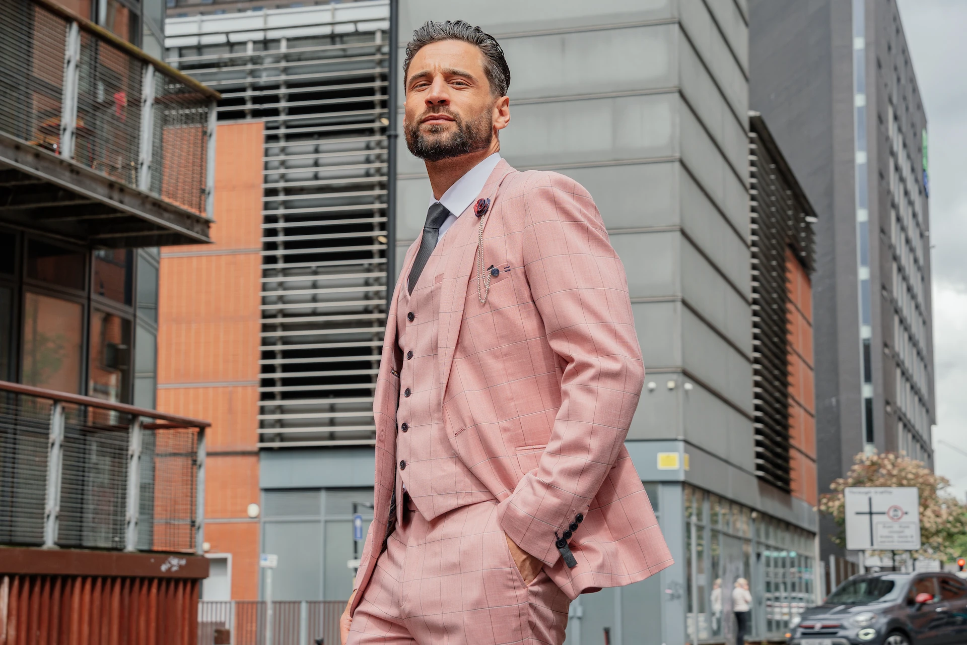 V2 Classic Suits 1 Man weearing a pink checked V2 Classic Suit Support Breast Cancer