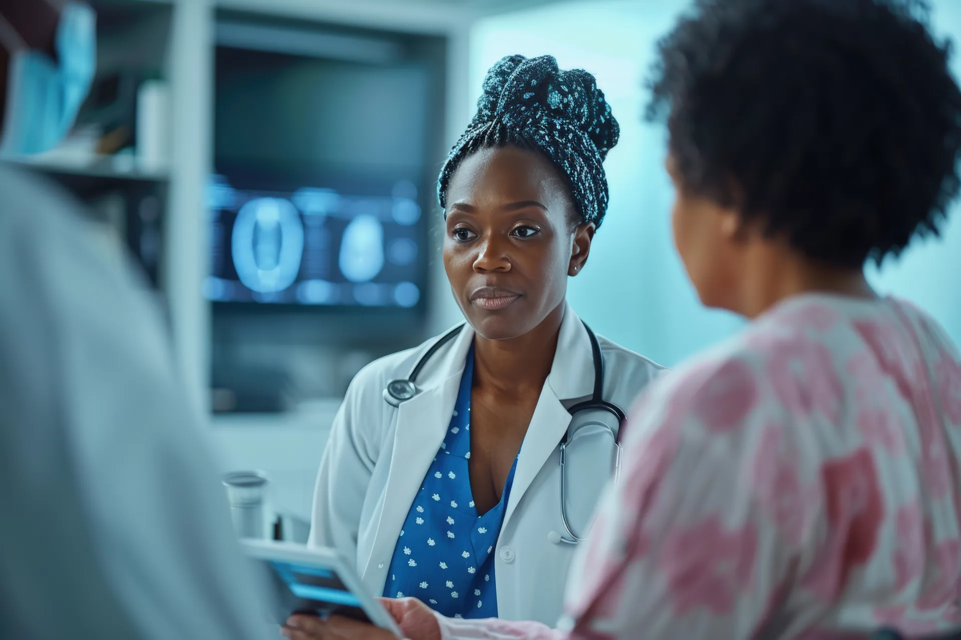 Donate 1 Nurse talking with a patient during a breast care consultation