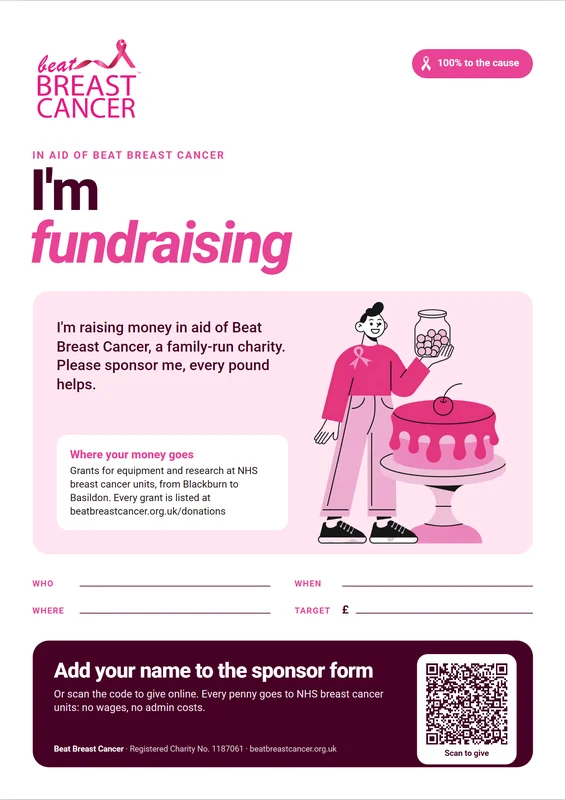 Preview of the I'm fundraising sponsorship poster, with an illustration of a fundraiser holding a collection jar beside a cake