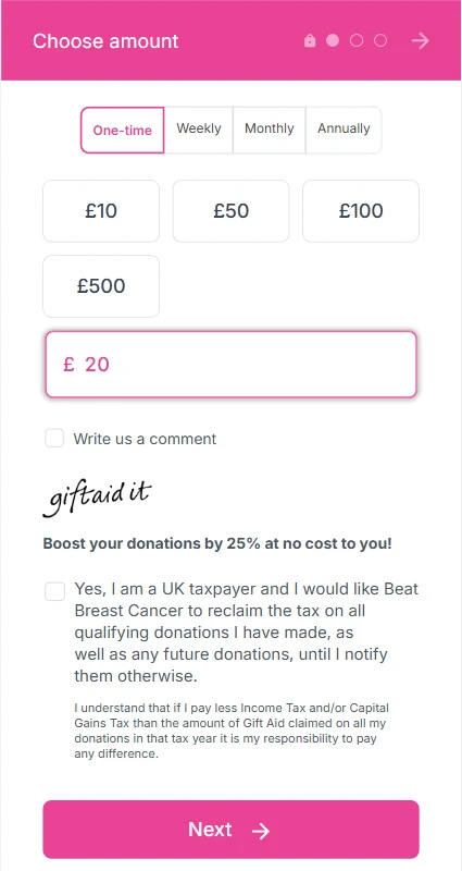 The Gift Aid tick box on the first step of Beat Breast Cancer's donation form, with the UK taxpayer declaration