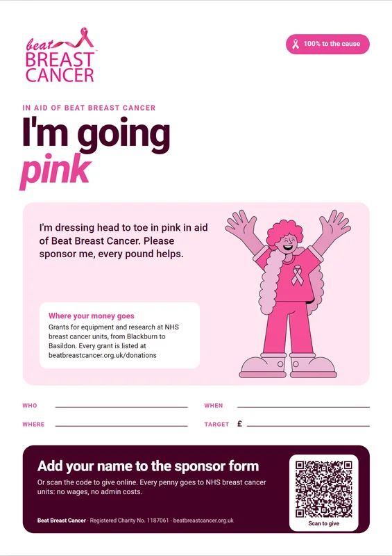 Preview of the I'm going pink sponsorship poster, with an illustration of a fundraiser dressed head to toe in pink