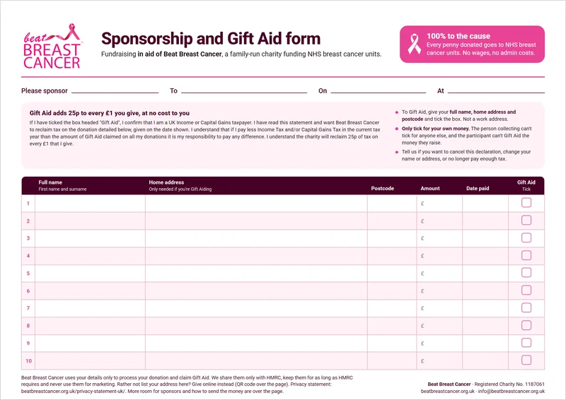 Preview of the Beat Breast Cancer sponsorship and Gift Aid form, with a table for sponsors' names, addresses, amounts and Gift Aid ticks